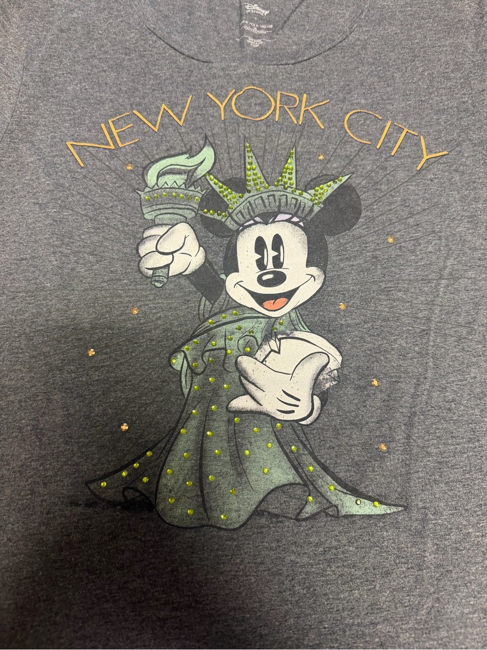 Disney Gray T‑Shirt with Green and Yellow Mickey Statue of Liberty Graphic